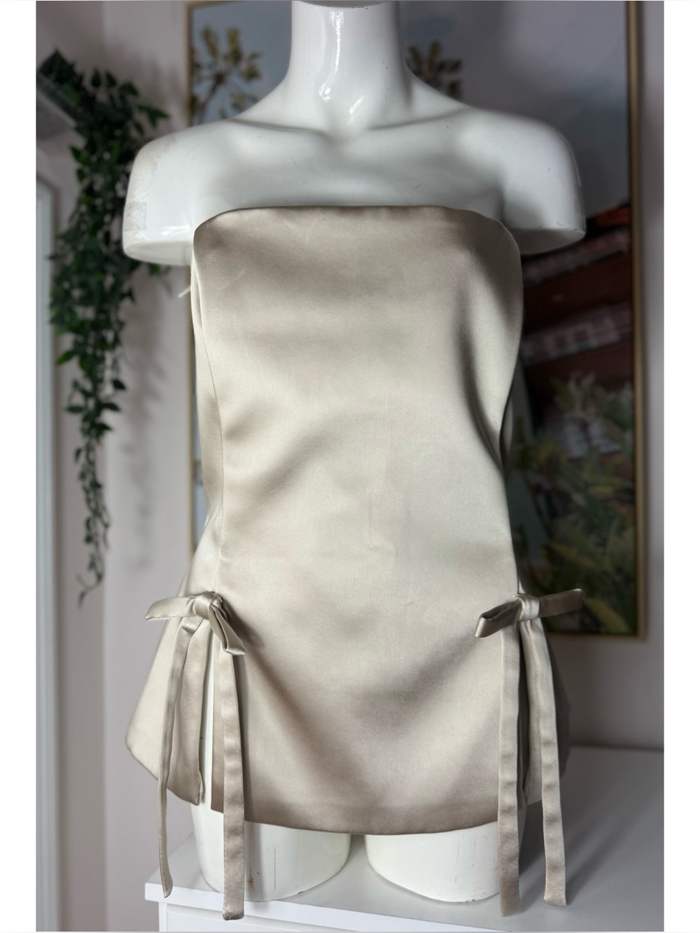 Zara Cream Satin Strapless Bustier Top Bow Tie Detail Size XXL 2XL Structured - Picture 7 of 11